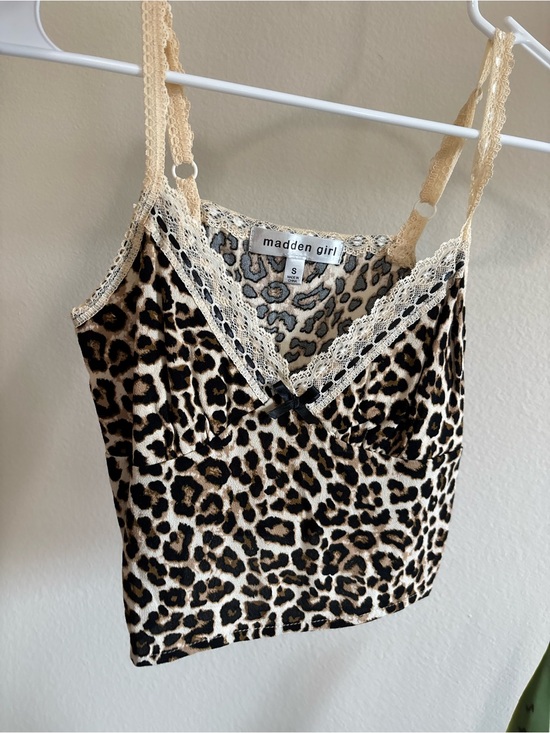 Madden Girl Tops - Madden Girl Beige and Black Leopard Lace Trim Cami